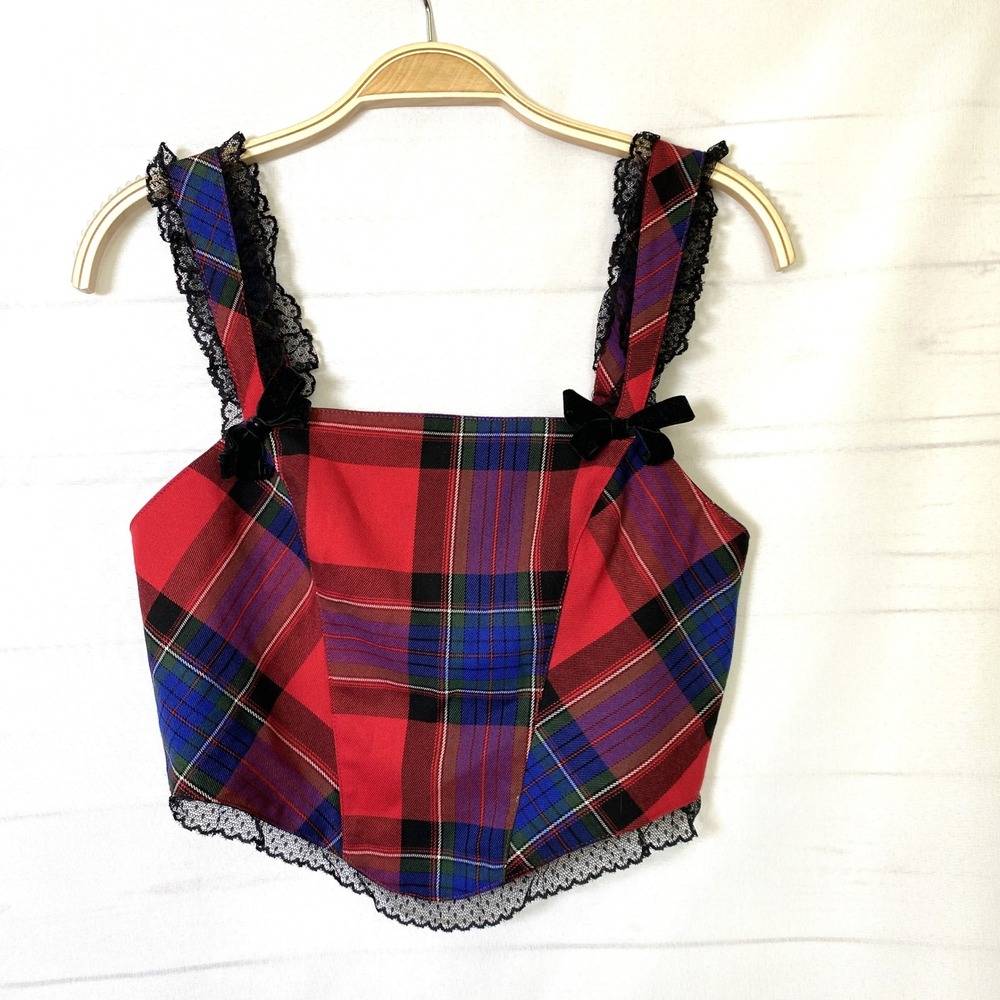 Kimchi Blue Y2K Plaid Corset Crop Top Women M Red Lace Trim Coquette Academia
